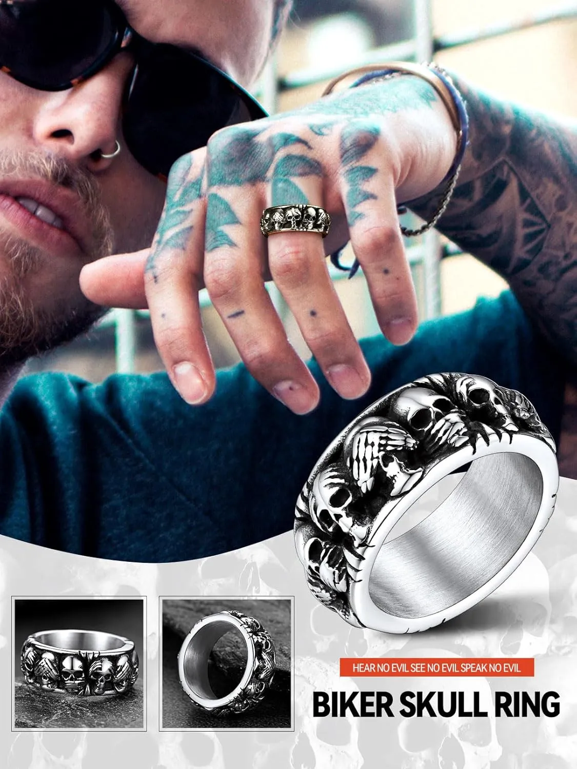 FaithHeart Skull Rings for Men Gothic Punk Stainless Steel Band Rings Biker Skeleton Thumb Ring Cocktail Party Jewelry with Gift Box