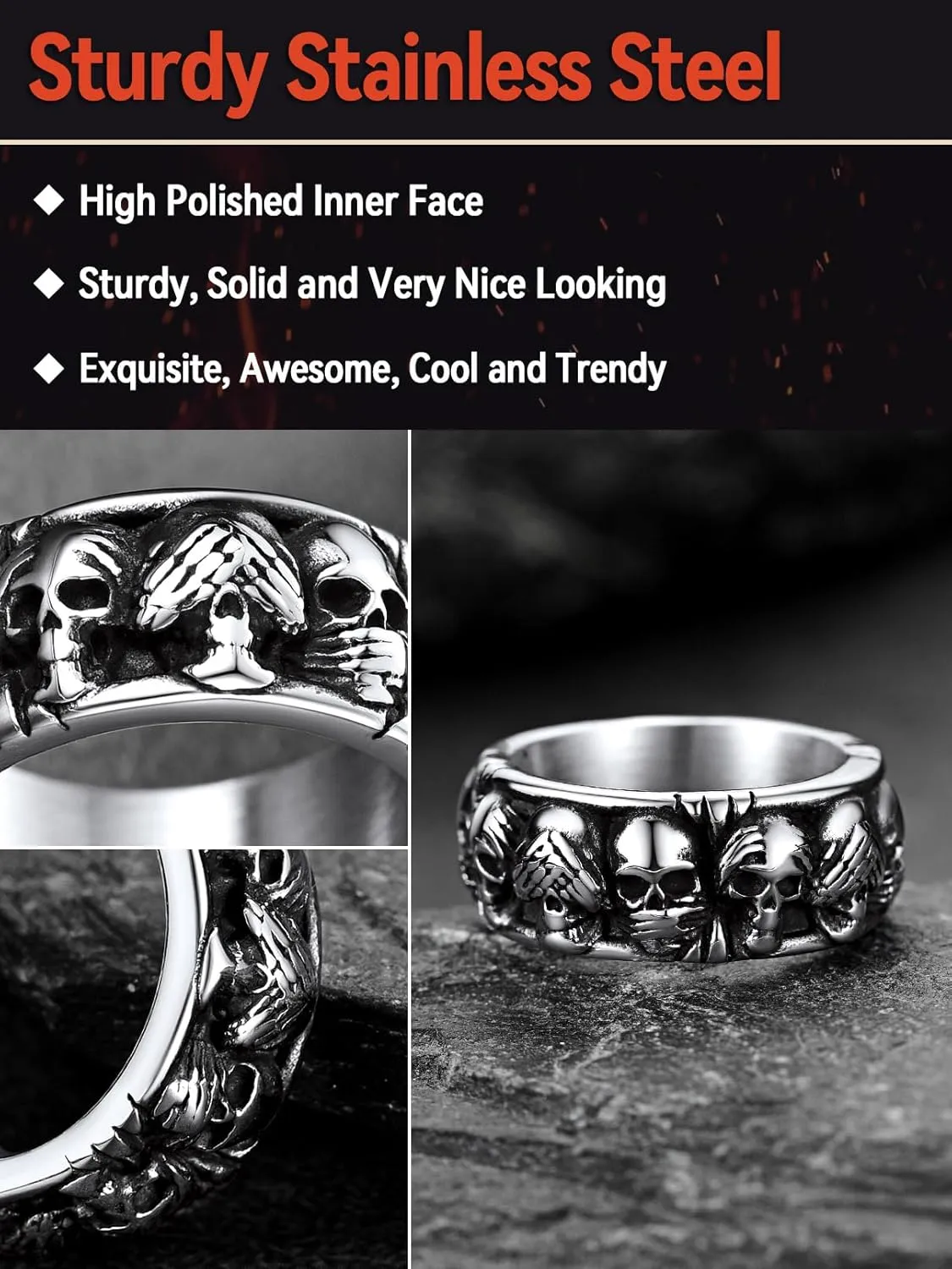 FaithHeart Skull Rings for Men Gothic Punk Stainless Steel Band Rings Biker Skeleton Thumb Ring Cocktail Party Jewelry with Gift Box