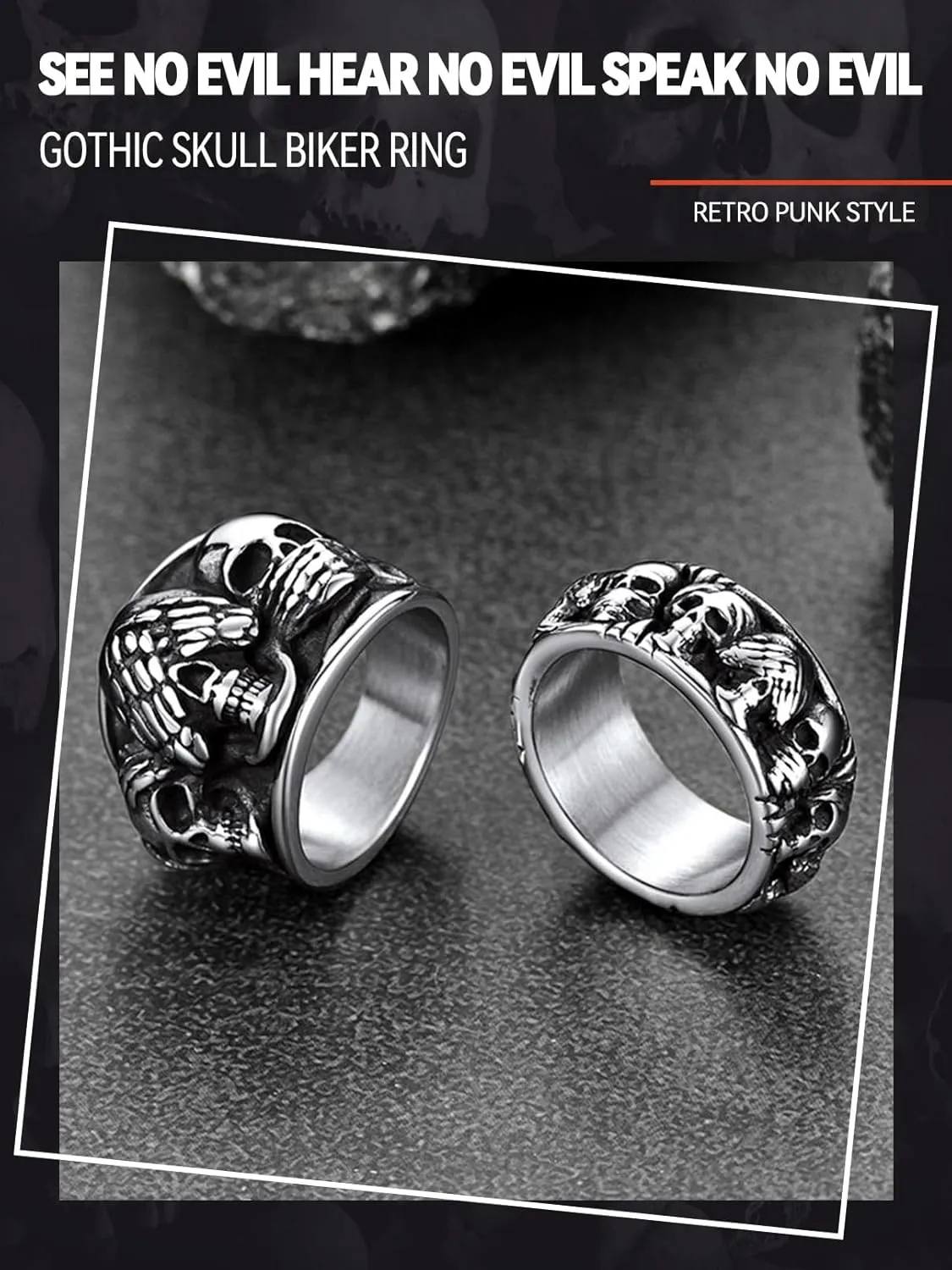 FaithHeart Skull Rings for Men Gothic Punk Stainless Steel Band Rings Biker Skeleton Thumb Ring Cocktail Party Jewelry with Gift Box