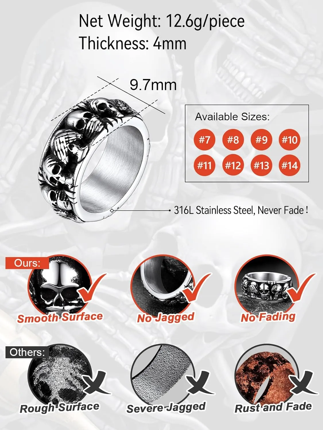 FaithHeart Skull Rings for Men Gothic Punk Stainless Steel Band Rings Biker Skeleton Thumb Ring Cocktail Party Jewelry with Gift Box
