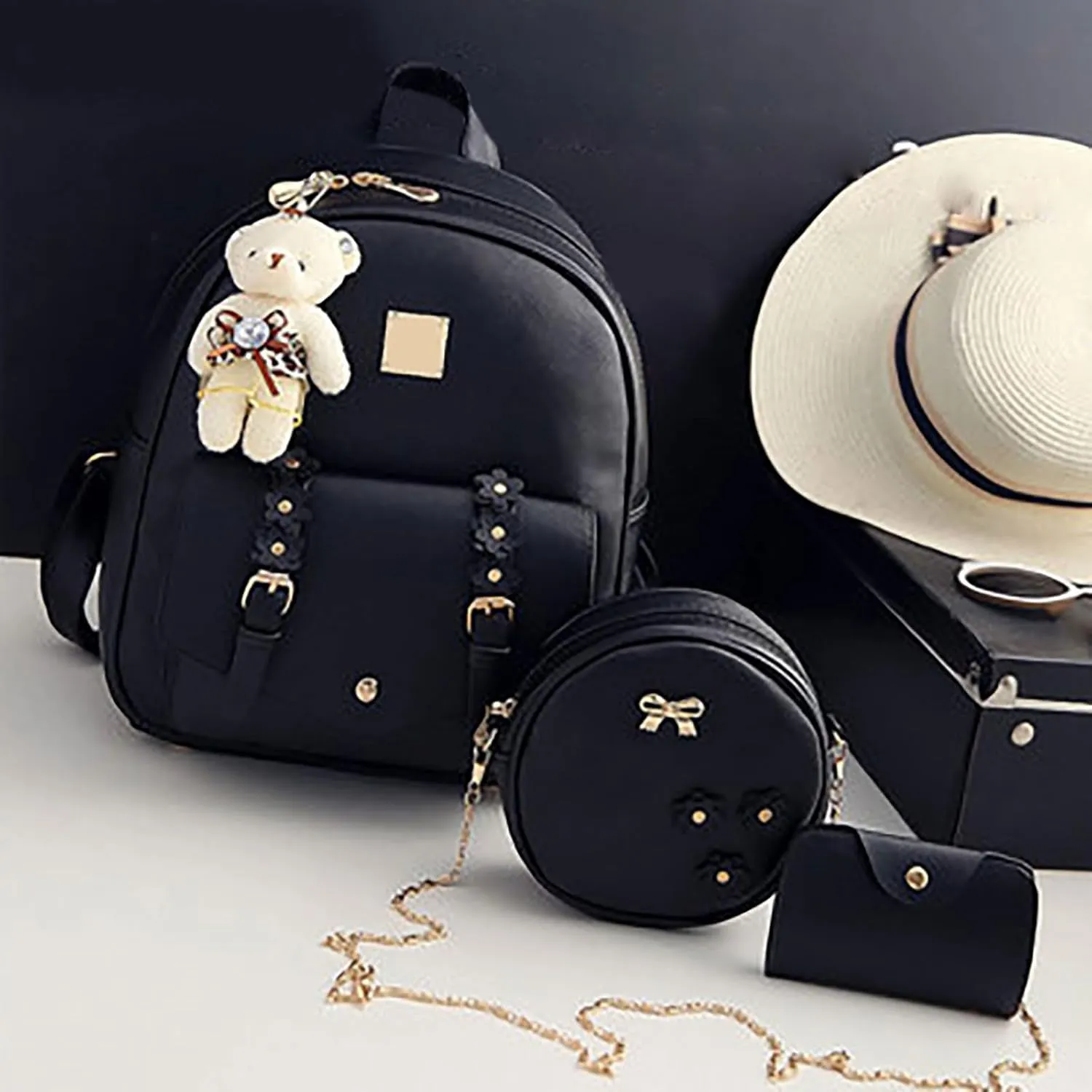 Fashion Children Women Floral Style Travel Backpack Crossbody Bag Card Bag 3Pieces Set Handbag Men