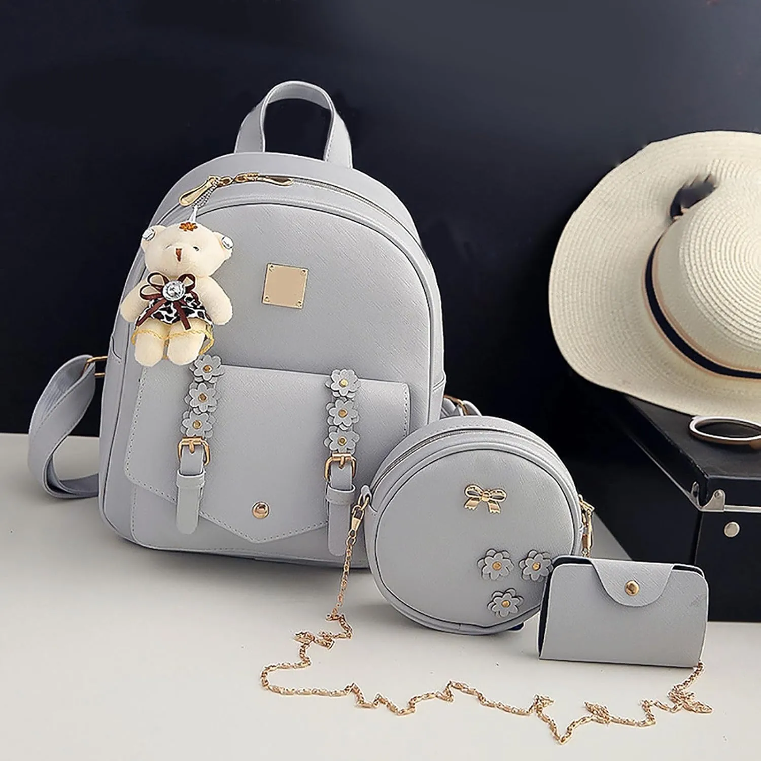 Fashion Children Women Floral Style Travel Backpack Crossbody Bag Card Bag 3Pieces Set Handbag Men