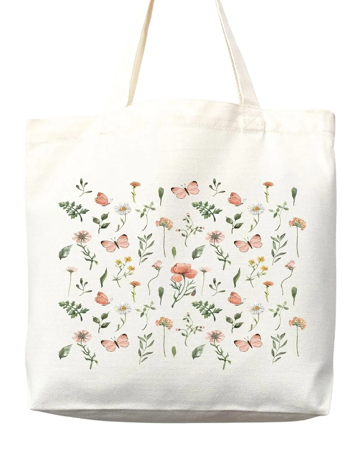 Flower Tote Bag Floral Canvas Tote Shopper Gift for Flower Lovers, Teachers, Library Bag Reusable Grocery Bag Eco-Friendly Readers' Tote Library Tote Librarian Gift (Tote Bag   Matching Pouch)