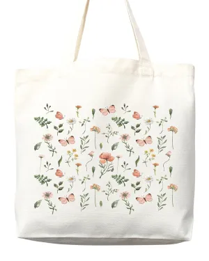 Flower Tote Bag Floral Canvas Tote Shopper Gift for Flower Lovers, Teachers, Library Bag Reusable Grocery Bag Eco-Friendly Readers' Tote Library Tote Librarian Gift (Tote Bag   Matching Pouch)