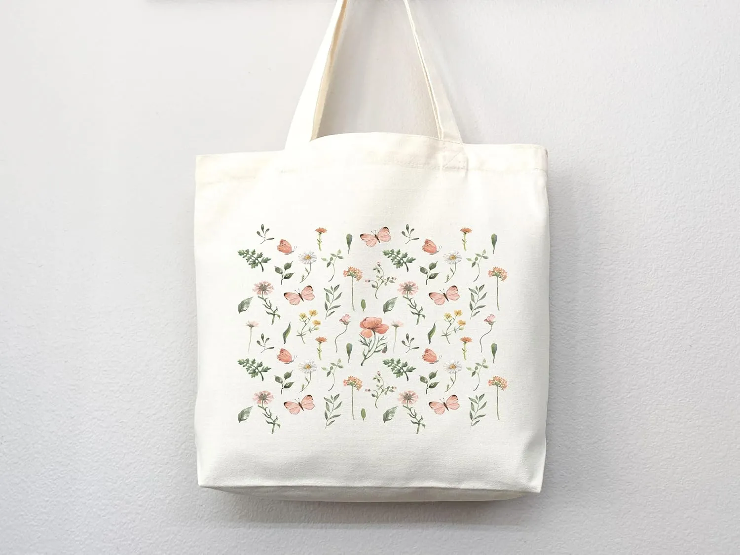 Flower Tote Bag Floral Canvas Tote Shopper Gift for Flower Lovers, Teachers, Library Bag Reusable Grocery Bag Eco-Friendly Readers' Tote Library Tote Librarian Gift (Tote Bag   Matching Pouch)