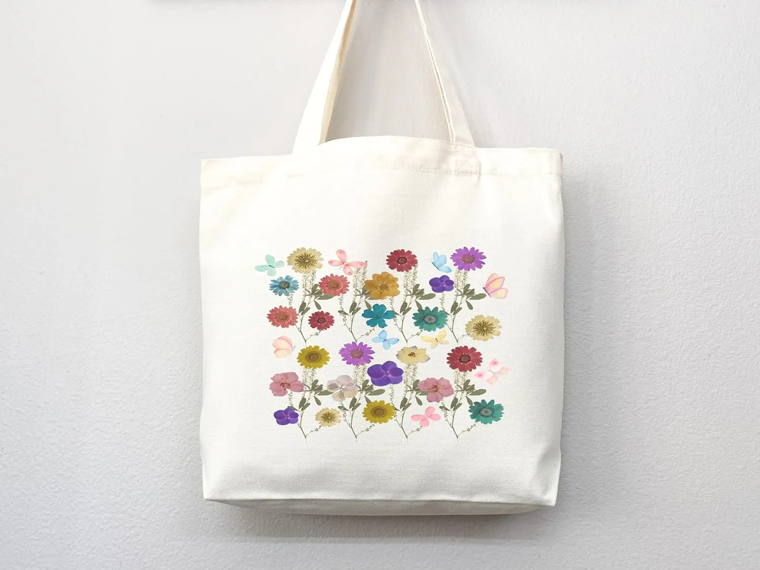 Flower Tote Bag Floral Canvas Tote Shopper Gift for Flower Lovers, Teachers, Library Bag Reusable Grocery Bag Eco-Friendly Readers' Tote Library Tote Librarian Gift (Tote Bag Only)