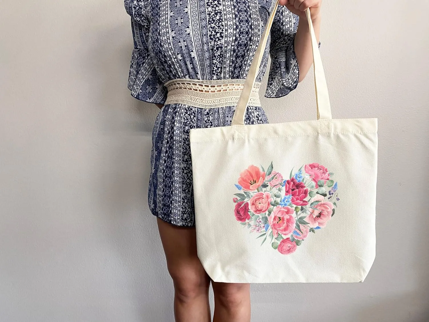 Flower Tote Bag Floral Canvas Tote Shopper Gift for Flower Lovers, Teachers, Library Bag Reusable Grocery Bag Eco-Friendly Readers' Tote Library Tote Librarian Gift (Tote Bag Only)