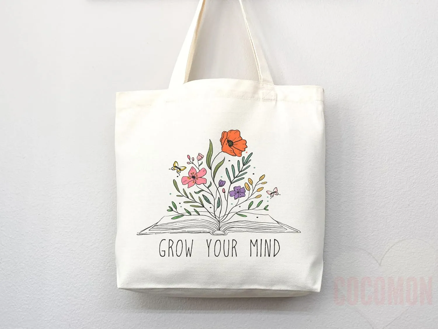 Flower Tote Bag Floral Canvas Tote Shopper Gift for Flower Lovers, Teachers, Library Bag Reusable Grocery Bag Eco-Friendly Readers' Tote Library Tote Librarian Gift (Tote Bag Only)