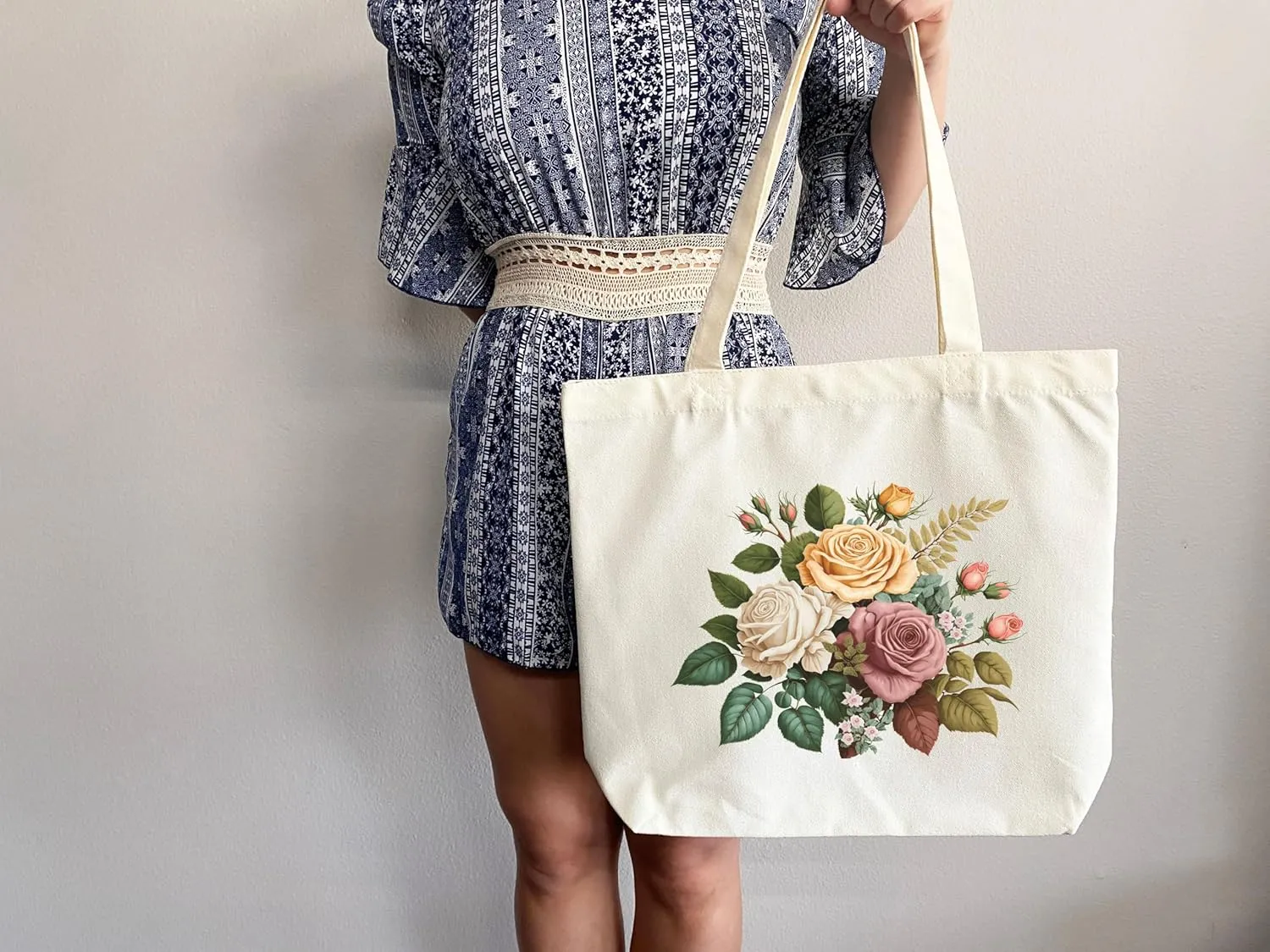 Flower Tote Bag Floral Canvas Tote Shopper Gift for Flower Lovers, Teachers, Library Bag Reusable Grocery Bag Eco-Friendly Readers' Tote Library Tote Librarian Gift (Tote Bag Only)