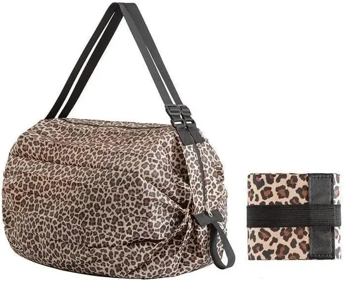 Foldable Storage Bag With Handle Portable Travel Camouflage Handbags Large Capacity Shopping Bag(Leopard print)