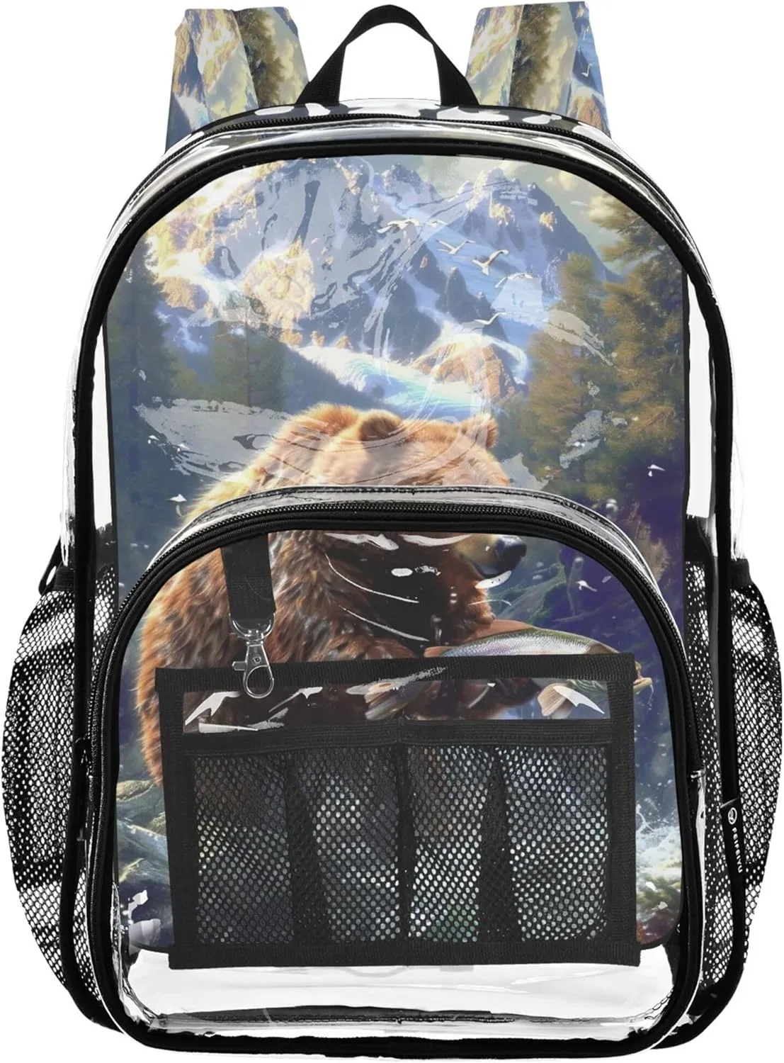 Forest Bear Fish Backpack for School, Large Clear Bag, School Bags for Girls