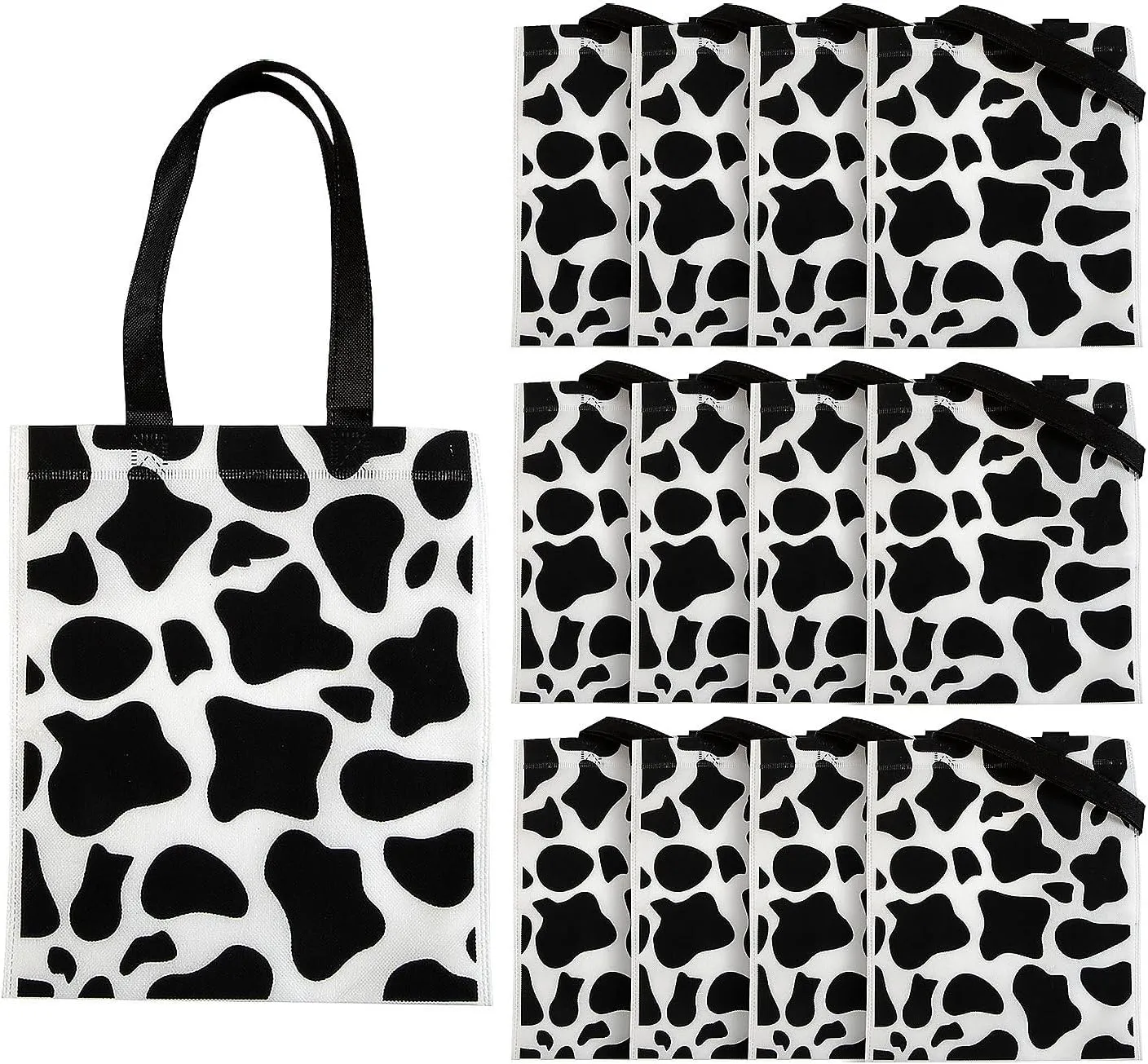 Fun Express Medium Cow Print Nonwoven Tote Bags - 10" x 12" Stylish & Durable Lightweight Eco-Friendly - Ideal for Shopping Travel Grocery Storage Fashionable Black/White Design - 12 Pieces