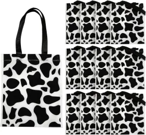 Fun Express Medium Cow Print Nonwoven Tote Bags - 10" x 12" Stylish & Durable Lightweight Eco-Friendly - Ideal for Shopping Travel Grocery Storage Fashionable Black/White Design - 12 Pieces