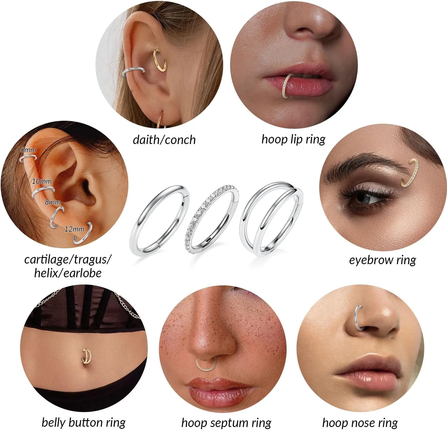 FUNLMO 3Pcs Nose Rings Double Hoop Nose Ring Conch Daith Tragus Helix Rook Piercing Jewelry Surgical Steel Cartilage Earring Conch Hoop Earring Septum Jewelry Lip Ring