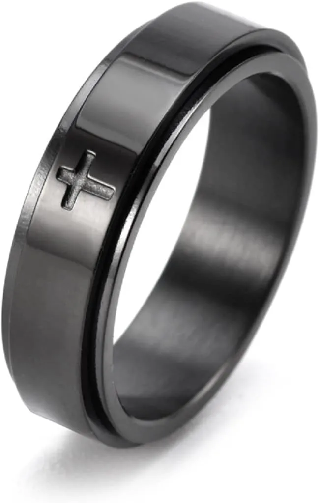 Fuqimanman2020 6mm Stainless Steel Cross Spinner Band Ring Stress Relief Christian Jesus Christ Lord Prayer Rotating Fidget for Men Women Anxiety Religious Engagement Wedding Jewelry