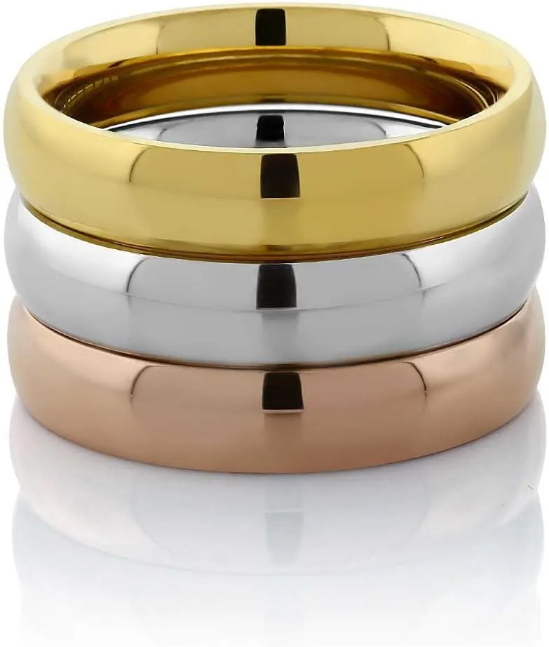 Gem Stone King Stainless Steel Rose Yellow Gold and Silver 3 Tri-Color Stacking Set of 3 Band Ring (Available 5,6,7,8,9,10,11)