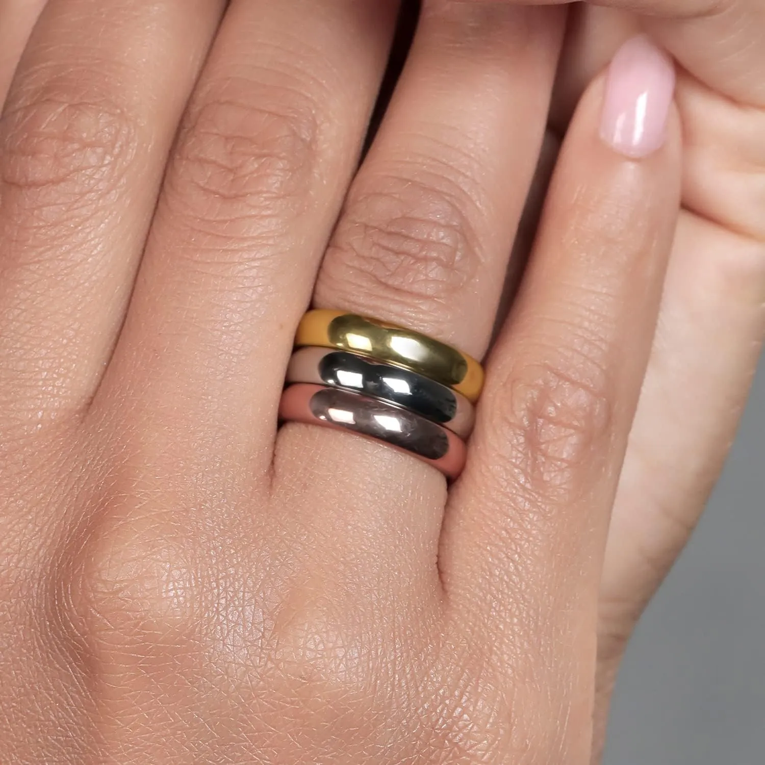 Gem Stone King Stainless Steel Rose Yellow Gold and Silver 3 Tri-Color Stacking Set of 3 Band Ring (Available 5,6,7,8,9,10,11)