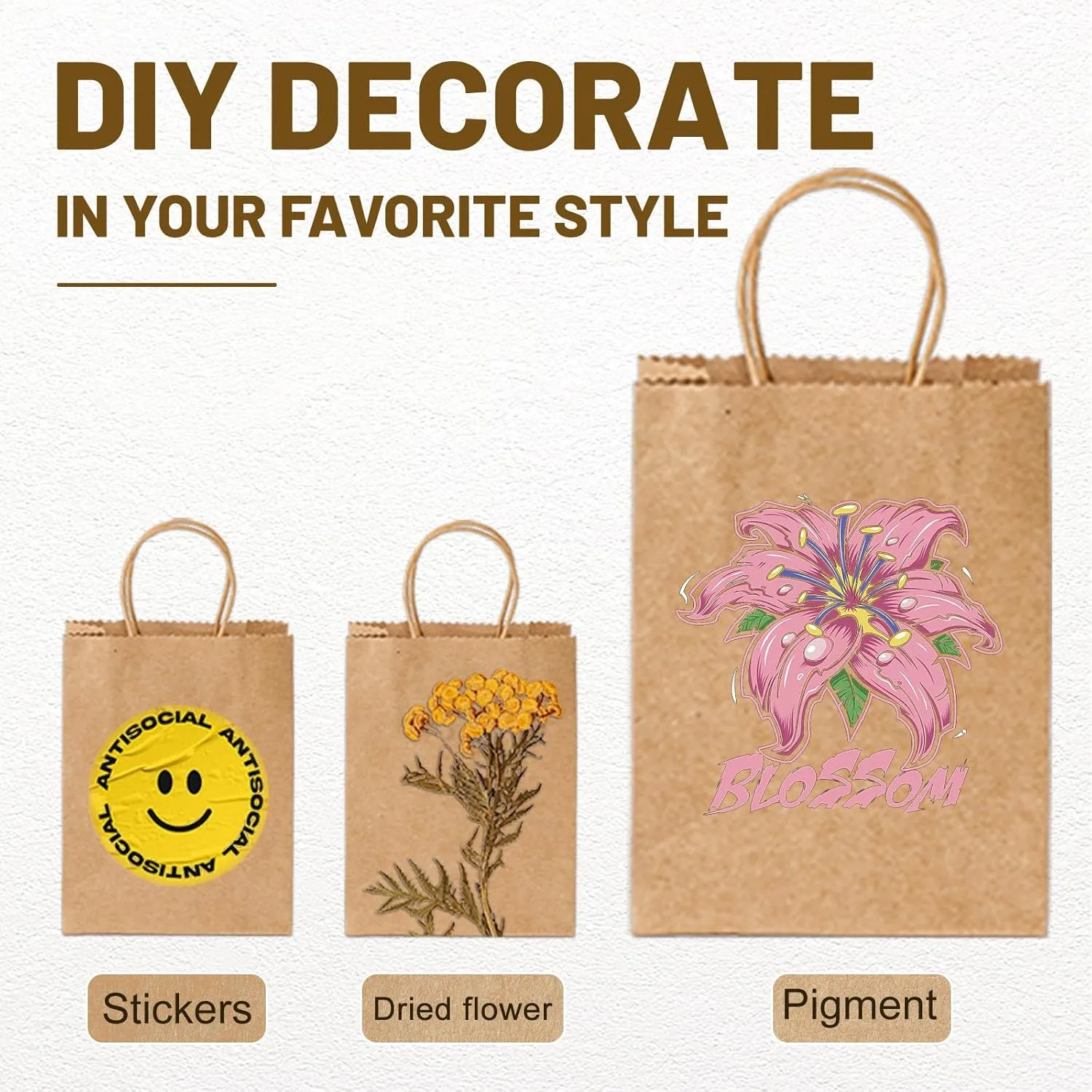 Gift Bags 8.25"X5.9 "X3.15" 100pcs Brown Kraft Paper Bag with Handles for Small Business Christmas Bulk, Wedding, Party Favor, Shopping, Lunch, Halloween Trick-or-Treat Bags
