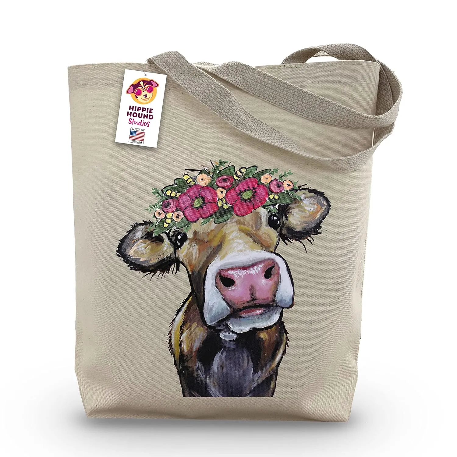 Gifts for Mom - Cow Tote Bag - Cow Lover Gift - Flower Crown Cow Totes -Handmade Totes - Cow Canvas Totes - Cute Cow Reusable Shopping Bag - Shoulder Bag - Grocery Bag - Handbag - Beach Bag