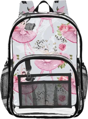 Girls Backpack for Kids Ballerinas Pink Tutus Floral Clear Backpack for Women Pvc Transparent Bags School