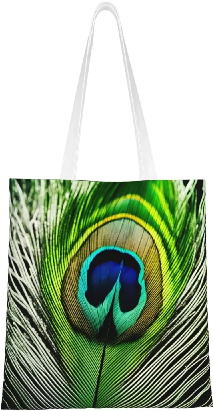 Green Peacock Feather Print Canvas Tote Bag Reusable Shoulder Shopping Bags For Daily Use Shopping Travel