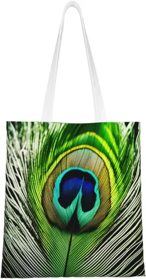 Green Peacock Feather Print Canvas Tote Bag Reusable Shoulder Shopping Bags For Daily Use Shopping Travel