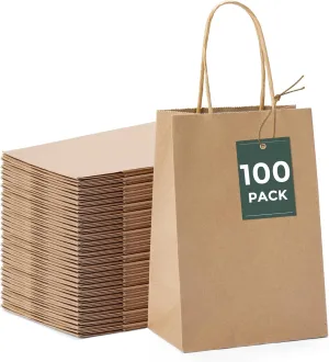 GSSUSA 100 Pack Paper Gift Bags 5.25x3.75x8 Inch Small Brown Paper Bags with Handles Bulk, Brown Kraft Bag for Small Business, Sturdy Grocery Retail Shopping Birthday Party Favor Craft Bag Made in USA