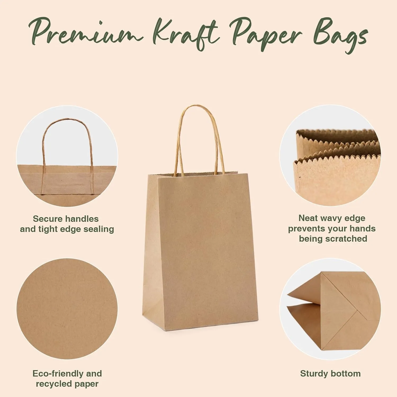 GSSUSA 100 Pack Paper Gift Bags 5.25x3.75x8 Inch Small Brown Paper Bags with Handles Bulk, Brown Kraft Bag for Small Business, Sturdy Grocery Retail Shopping Birthday Party Favor Craft Bag Made in USA