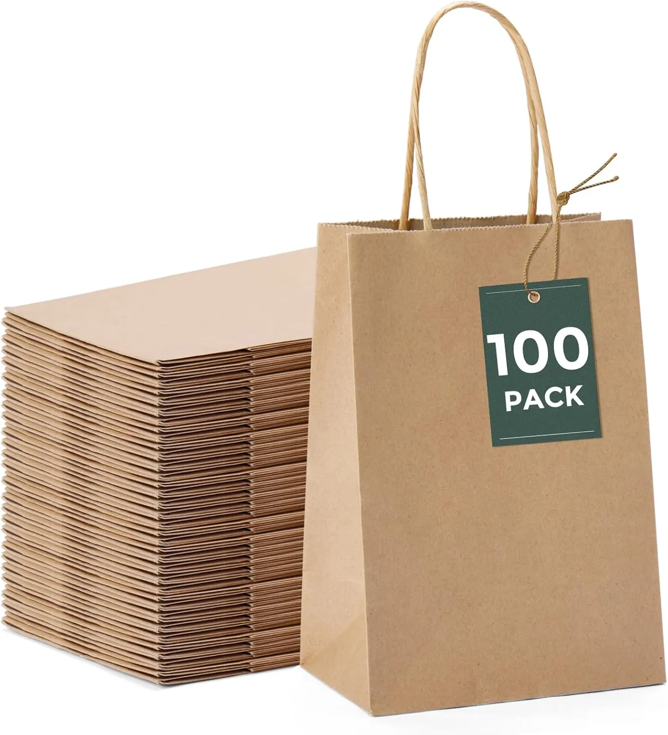 GSSUSA 100 Pack Paper Gift Bags 5.25x3.75x8 Inch Small Brown Paper Bags with Handles Bulk, Brown Kraft Bag for Small Business, Sturdy Grocery Retail Shopping Birthday Party Favor Craft Bag Made in USA