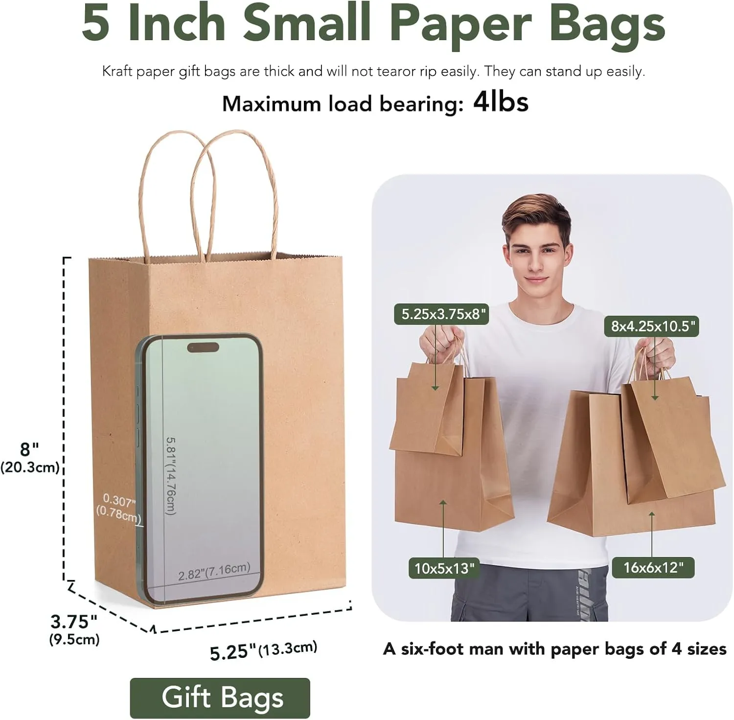 GSSUSA 100 Pack Paper Gift Bags 5.25x3.75x8 Inch Small Brown Paper Bags with Handles Bulk, Brown Kraft Bag for Small Business, Sturdy Grocery Retail Shopping Birthday Party Favor Craft Bag Made in USA