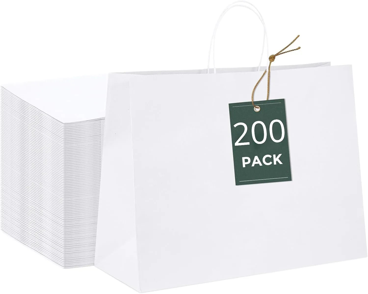GSSUSA 16x6x12 Inches Large Paper Bags with Handles, 200Pc White Paper Gift Bag, Recyclable Shopping Bags Kraft Paper Bag for Small Business, Party Favor, Craft Bag for Boutique