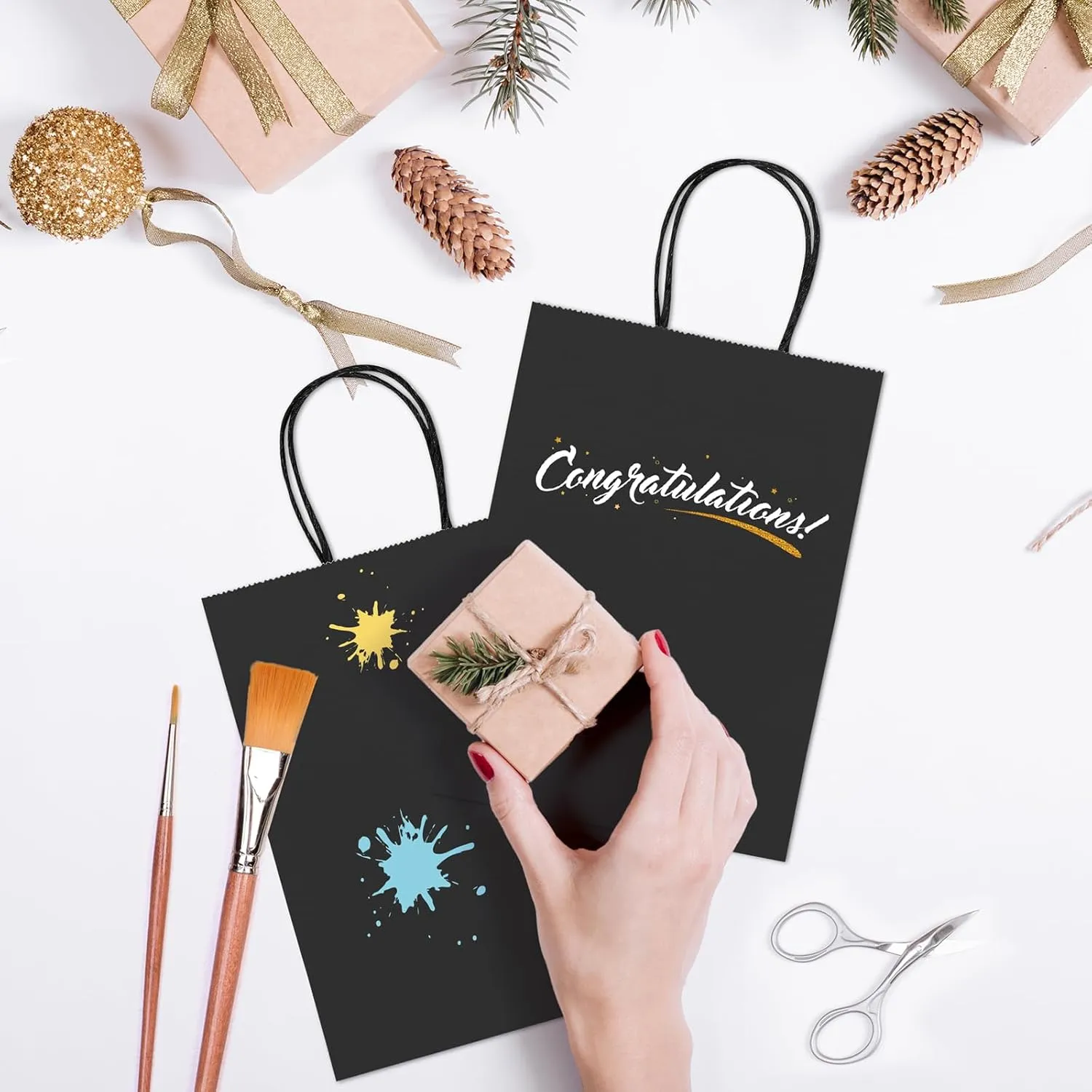 GSSUSA Kraft Paper Gift Bags 5.25x3.75x8'' 20 Pcs, Black Paper Bags with Handles, Bulk Kraft Gift Bag for Shopping, Craft, Grocery, Party, Retail, Lunch, Business, Wedding, Merchandise, Boutique