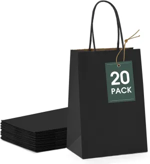GSSUSA Kraft Paper Gift Bags 5.25x3.75x8'' 20 Pcs, Black Paper Bags with Handles, Bulk Kraft Gift Bag for Shopping, Craft, Grocery, Party, Retail, Lunch, Business, Wedding, Merchandise, Boutique