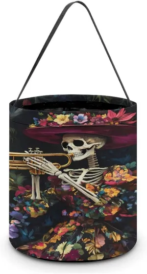 Halloween Gothic Skull Plays Trumpet Halloween Candy Bag Candy Tote Bucket Gift Bags Party Supplies for Women Men