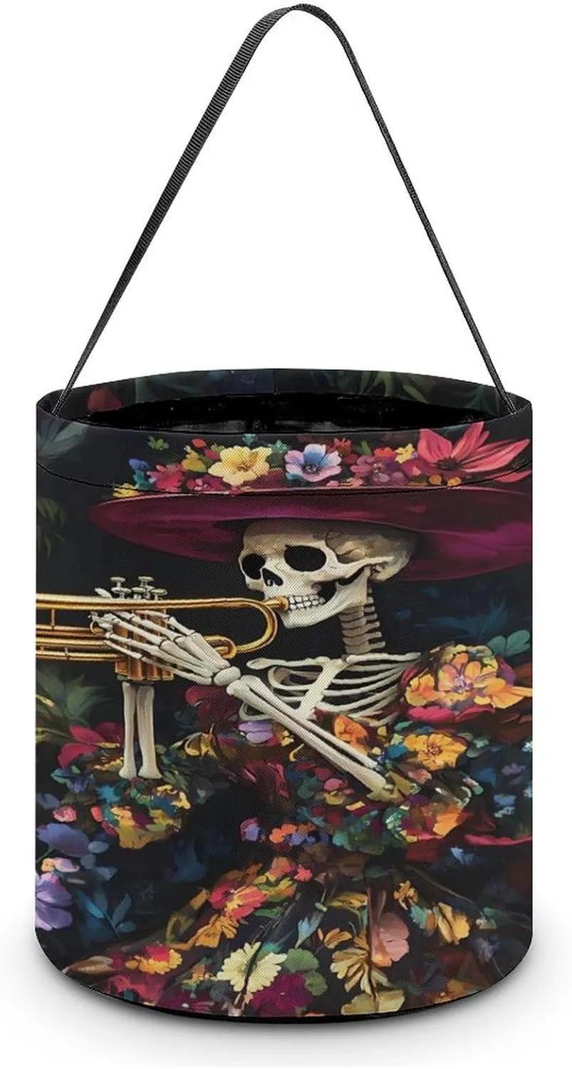 Halloween Gothic Skull Plays Trumpet Halloween Candy Bag Candy Tote Bucket Gift Bags Party Supplies for Women Men