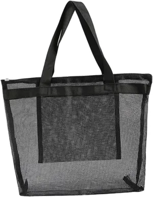 Happyyami Fashionable Mesh Beach Bag Large Tote Reusable Grocery Bag Waterproof Zipper for Shopping Dry/wet Separation Black