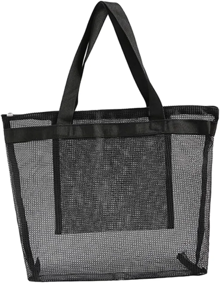 Happyyami Fashionable Mesh Beach Bag Large Tote Reusable Grocery Bag Waterproof Zipper for Shopping Dry/wet Separation Black