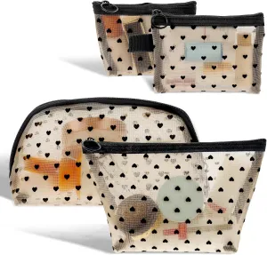 Heart Print Mesh Makeup Bags 4 Pieces Mini Zipper Mesh Cosmetic Toiletry Bags for Women Portable Travel Makeup Accessories Organizing Pouches Small Coin Iewelry Storage Pouch