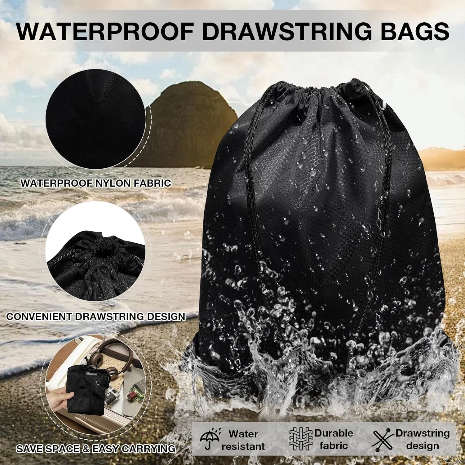 HIIXHC 2-Pack Black Drawstring Backpacks, X-Large 22.4"x17.5", Lightweight & Washable, Perfect for Gym, Sports, Travel - Men & Women (4, Black)