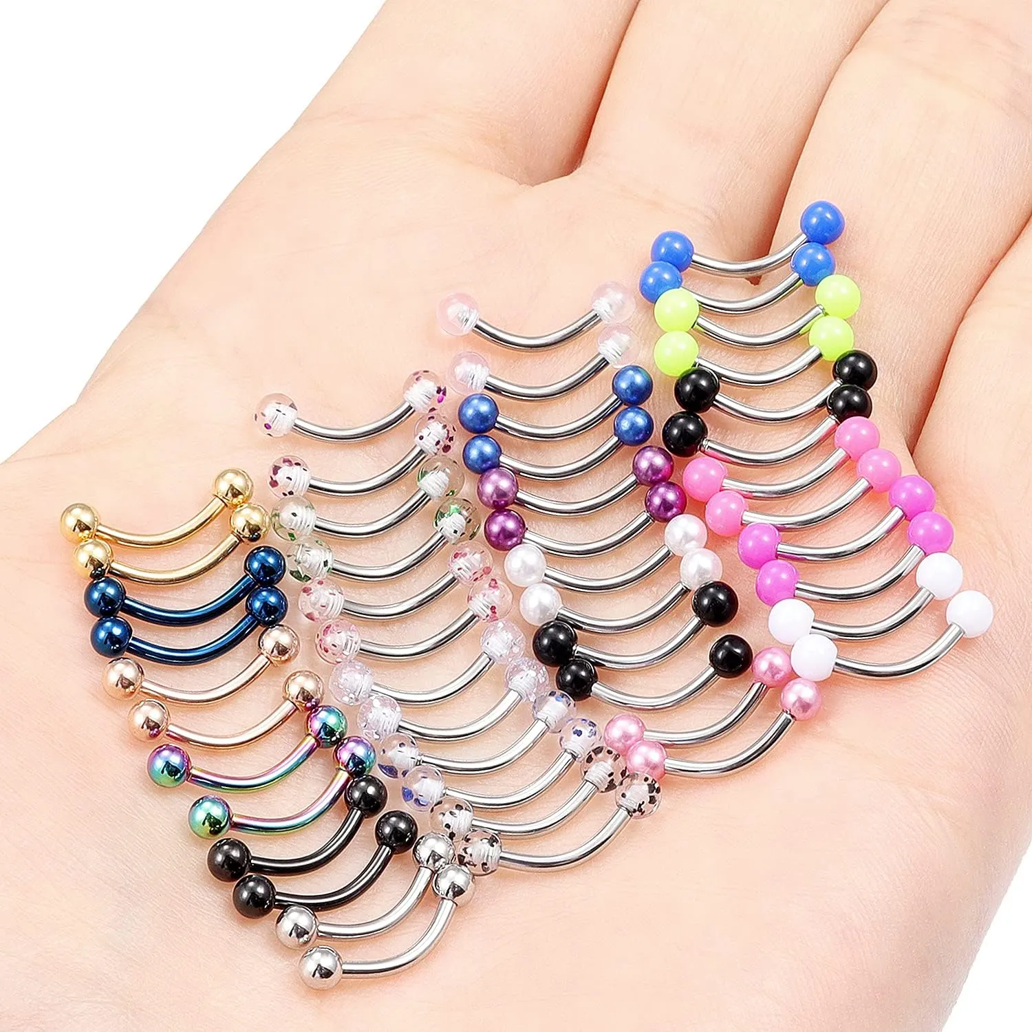 Hoeudjo 48PCS 16G Surgical Steel Snake Eyes Tongue Ring Curved Barbell Nipplerings Nipple Rings Eyebrow Rings Rook Piercing Jewelry Daith Earrings for Women Men