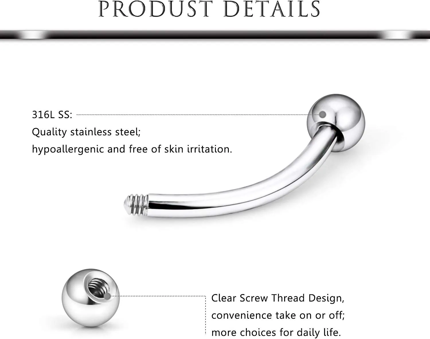 Hoeudjo 48PCS 16G Surgical Steel Snake Eyes Tongue Ring Curved Barbell Nipplerings Nipple Rings Eyebrow Rings Rook Piercing Jewelry Daith Earrings for Women Men