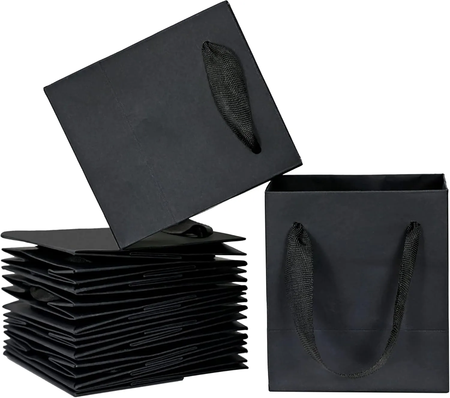 HUAPRINT Black Gift Bags, 12 Pack Small Paper With Handles - 4x2.75x4.5 Inch Mini Party Favors for Presents, Birthday, Weddings, Baby Showers