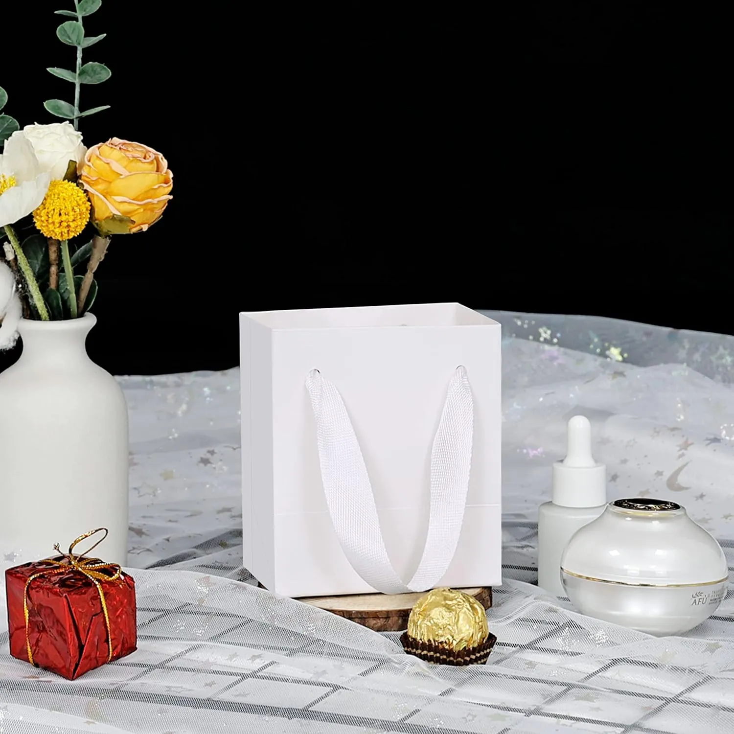 HUAPRINT White Gift Bags, 12 Pack Small White Paper Bags with Handles - Bulk-4x2.75x4.5 inch, Mini Party Favors for Presents, Birthday, Weddings, Baby Showers