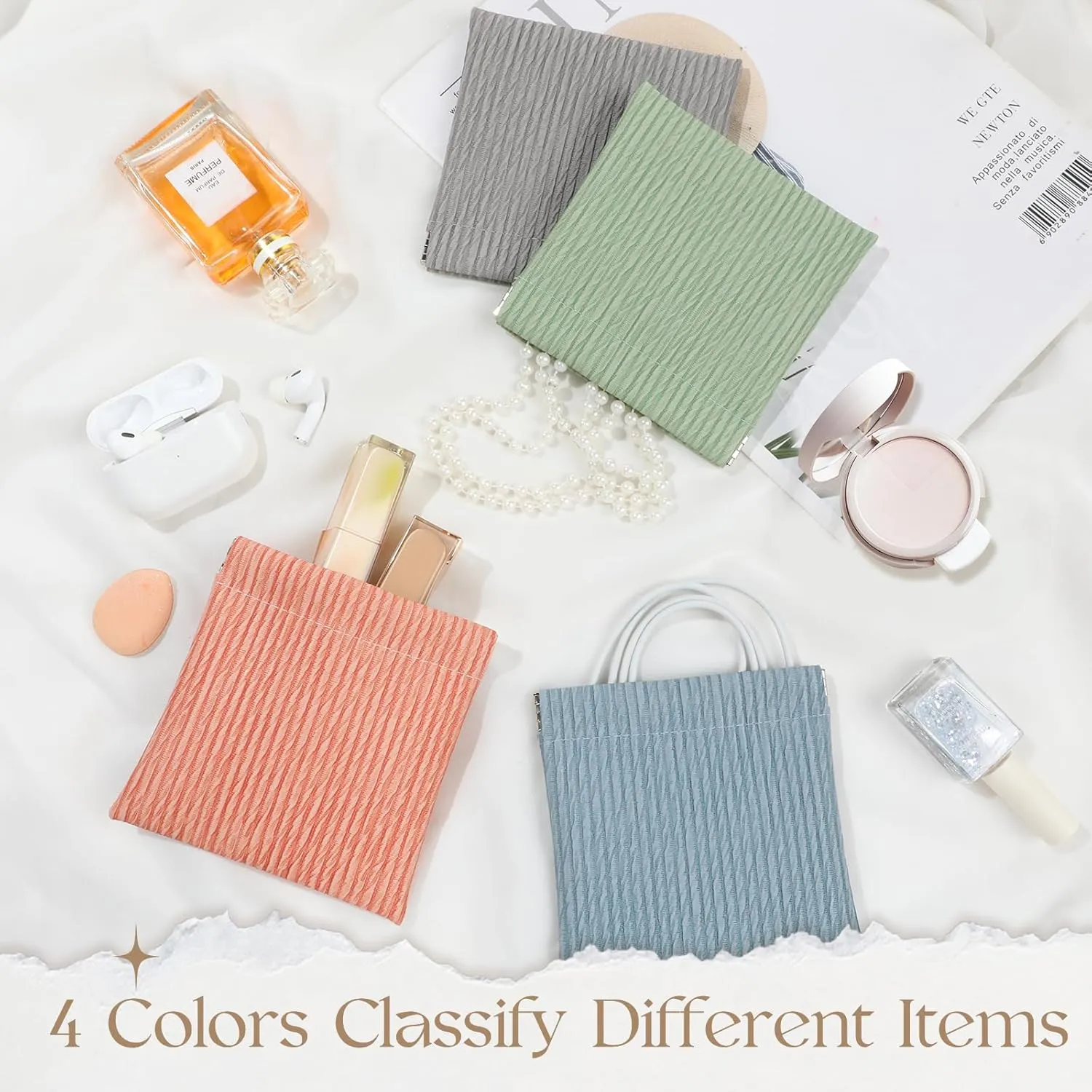 ISKYBOB 4Pcs Pouchic Snap Closure Organizer Pouches, Small Makeup Bag for Purse, Portable Lambskin Pocket Cosmetic Bag Squeeze Top Coin Purse Mini Travel Lipstick Organizer, Embossed