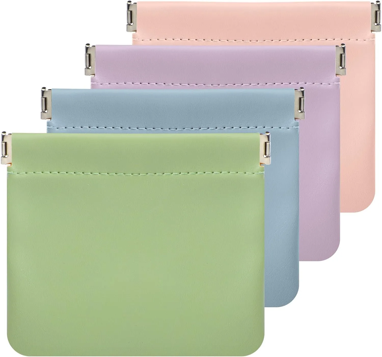 ISKYBOB Pocket Cosmetic Bag Squeeze Top, 4 Pcs Small Makeup Bag for Purse Portable Coin Pouch for Women Self-Closing Leather Pouches for Purse Mini Travel Cosmetic Organizer Kit (Macaron)