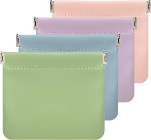 ISKYBOB Pocket Cosmetic Bag Squeeze Top, 4 Pcs Small Makeup Bag for Purse Portable Coin Pouch for Women Self-Closing Leather Pouches for Purse Mini Travel Cosmetic Organizer Kit (Macaron)