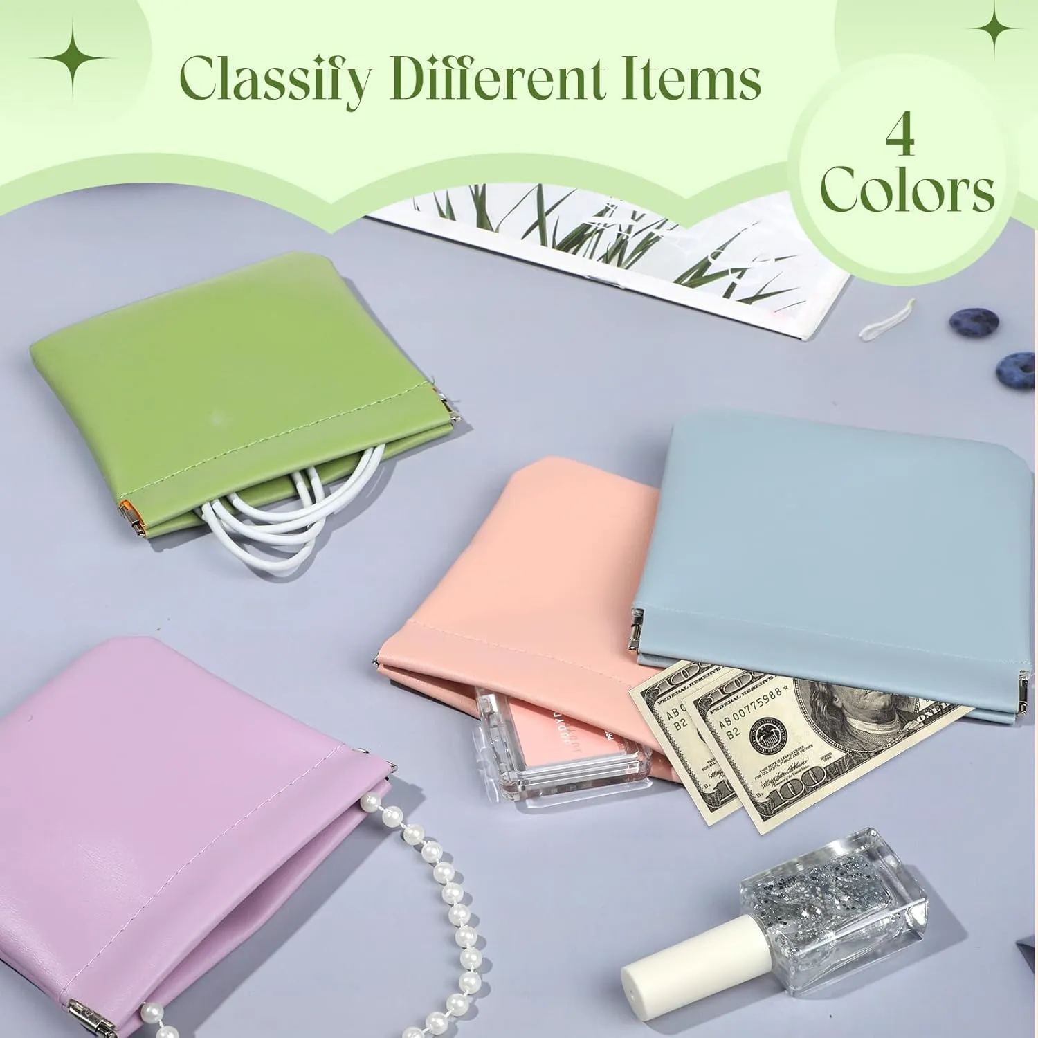 ISKYBOB Pocket Cosmetic Bag Squeeze Top, 4 Pcs Small Makeup Bag for Purse Portable Coin Pouch for Women Self-Closing Leather Pouches for Purse Mini Travel Cosmetic Organizer Kit (Macaron)