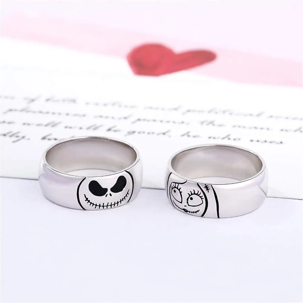 Jeulia Jack Skellington and Sally Curved Couple Rings 925 Sterling Silver Women Men Band Set Halloween Jewelry Anniversary Promise Rings for Him and Her with Jewelry Gift Box