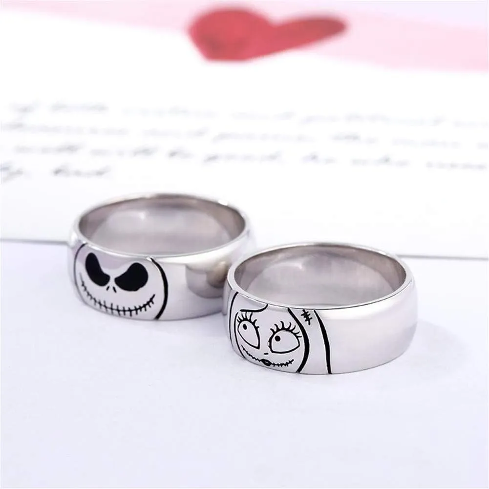 Jeulia Jack Skellington and Sally Curved Couple Rings 925 Sterling Silver Women Men Band Set Halloween Jewelry Anniversary Promise Rings for Him and Her with Jewelry Gift Box