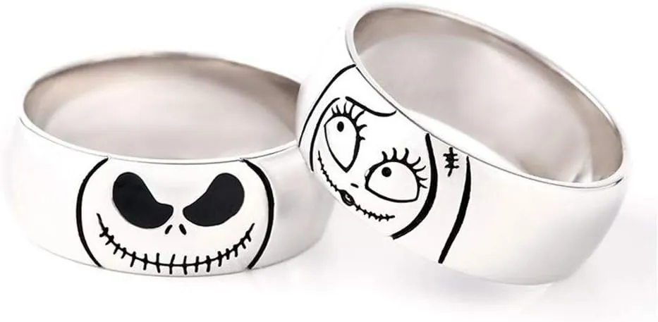 Jeulia Jack Skellington and Sally Curved Couple Rings 925 Sterling Silver Women Men Band Set Halloween Jewelry Anniversary Promise Rings for Him and Her with Jewelry Gift Box
